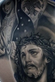 耶稣和祈祷妇女宗教风格黑白纹身图案