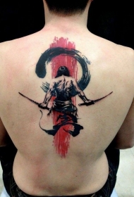 背部伟大的黑色和红色武士纹身图案