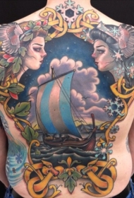 背部童话里的海盗船纹身图案