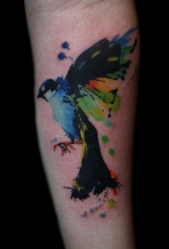 小臂彩色鲜艳的小鸟纹身图案