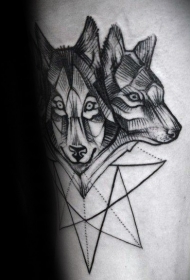 壮观的黑色狼头与几何星星纹身图案
