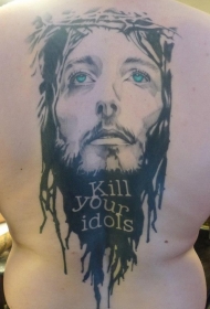 背部现代风格的彩色耶稣画像字母纹身图案