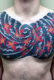胸部亚洲式枫叶和波浪纹身图案