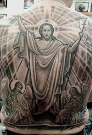 背部奇妙的天使雕像和上帝纹身图案