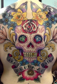 背部花朵和彩色骷髅纹身图案
