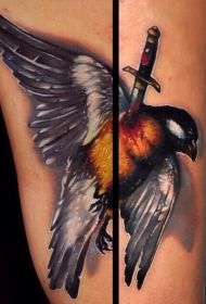 写实风格彩色死亡鸟和匕首纹身图案