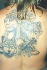 印第安酋长肖像与狼头像纹身图案