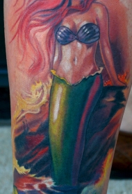 小腿自然好看的彩色美人鱼纹身图案