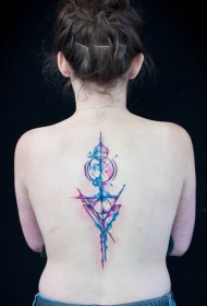 女生背部漂亮的彩色水彩几何纹身图案