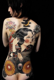 日本黑色女士与黄色花朵满背纹身图案