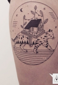 大腿超现实主义风格黑色猫和房子纹身图案