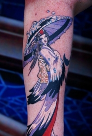 手臂亚洲卡通风格彩色艺妓和伞纹身图案