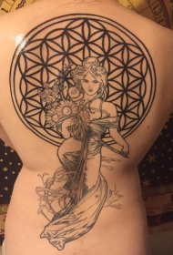 背部黑色线条女人与花朵纹身图案