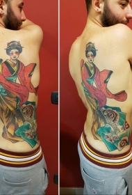 背部巨大的传统彩绘和服艺妓纹身图案