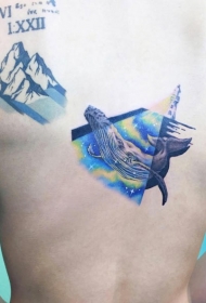 背部灯塔与不寻常的大鲸鱼和山脉纹身图案