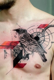 胸部几何风格彩绘逼真的小鸟纹身图案