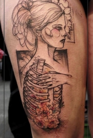 大腿素描风格黑色线条女人与骨架花朵纹身图案