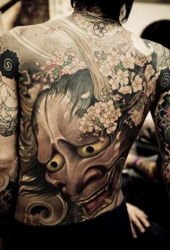 满背日本般若樱花彩色纹身图案