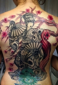 背部日本风格彩色的艺妓樱花纹身图案