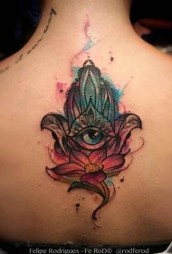 背部插画风格彩色法蒂玛之手和花朵纹身图案