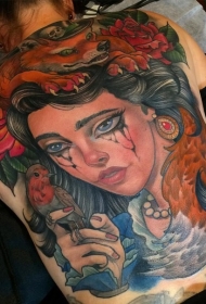 背部new school彩色的秘女子与狐狸和鸟类纹身图案