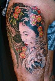 大腿好看的亚洲艺妓画像和花蕊纹身图案