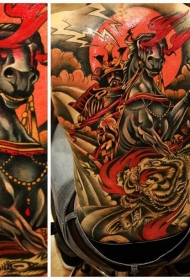 背部插画风格彩色的恶魔武士与老虎纹身图案