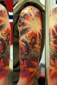 大臂好看的彩色秋天森林纹身图案