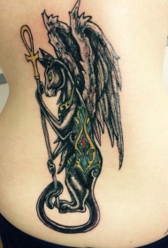背部五彩神秘的埃及猫和翅膀纹身图案