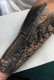 手臂黑色的火车与人群纹身图案