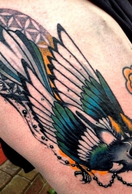 大腿new school彩色美丽的鸟纹身图案