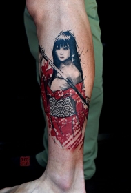 小腿现代风格的彩色亚洲艺妓剑纹身图案