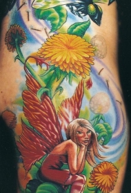 大臂美丽的幻想世界花朵蜻蜓精灵纹身图案