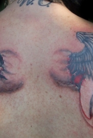 背部的彩色血腥乌鸦翅膀纹身图案