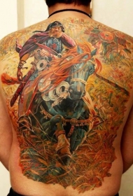 背部大型的彩色战士和马草原纹身图案