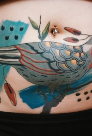 腹部彩色植物和小鸟纹身图案