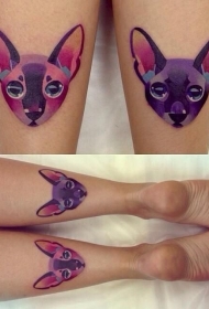 小腿水彩画风格猫咪头像彩色纹身图案