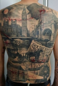 背部写实风格血腥疯狂的中世纪伦敦纹身图案