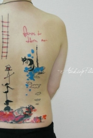 背部有趣的斑斓卡通画猫咪小人和字母纹身图案