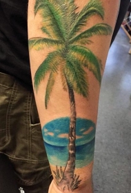 手臂非常漂亮的彩绘棕榈树纹身图案