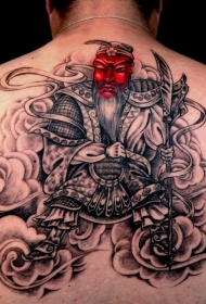 背部中国风战神红色纹身图案