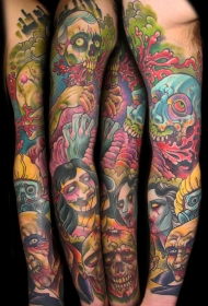 手臂彩色的僵尸和骷髅纹身图案