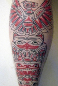小腿红色部落风格的鸟和人纹身图案