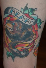 经典的熊花朵彩色纹身图案