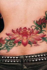 腰部美丽的彩色莲花藤蔓纹身图案