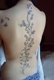 背部优雅的黑色线条藤蔓花朵纹身图案