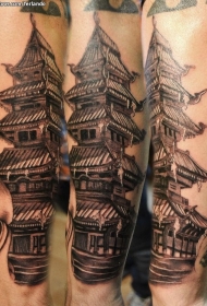 手臂古老的亚洲寺庙令人叹为观止纹身图案