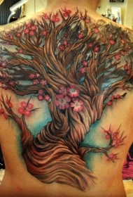 背部美丽的全彩色樱花树纹身图案