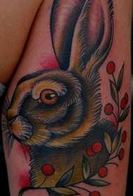 old school兔子与浆果彩色纹身图案