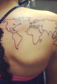 背部世界地图黑色线条轮廓纹身图案